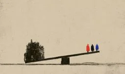 a seesaw with some little people and a pile of metal junk