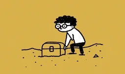 a small man next to a casket in the desert, line drawing 