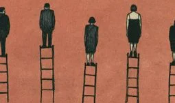 some people on ladders, one is wearing a dress