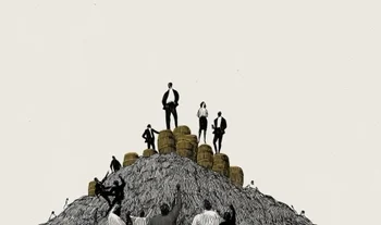 commodities traders standing on a pile of barrels