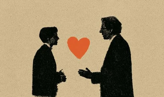 A senior banker talking to a junior banker and a love heart is between them