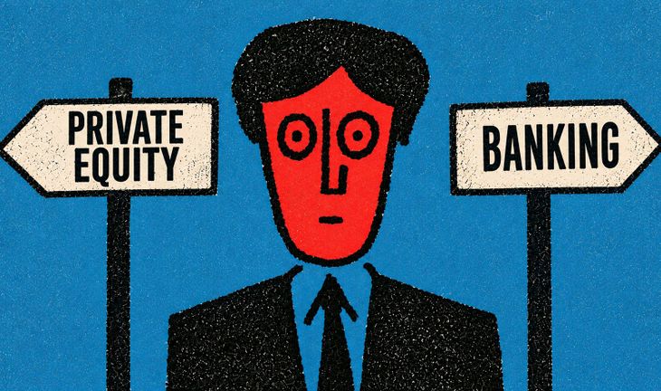 Drawing of a red man in a suit. Signs either side of him read "banking" and "private equity"