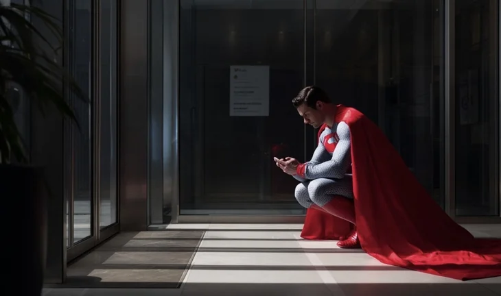 superman looking at his phone 