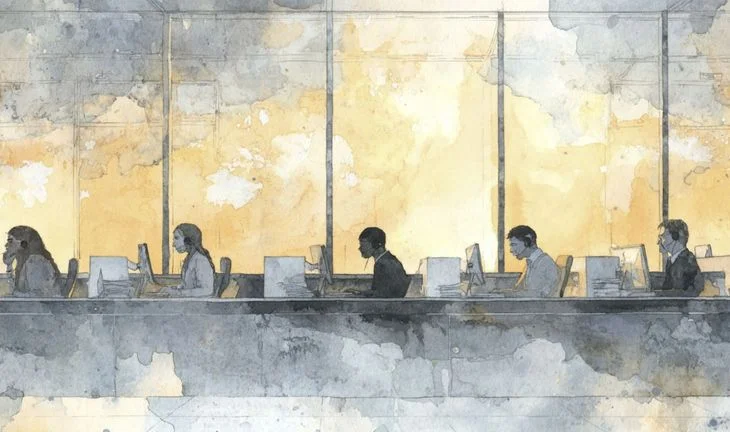 interns sitting at desks in a bank, orange smoke outside 