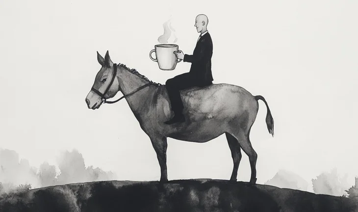 a banker holding a cup of coffee on a donkey