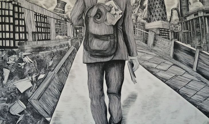 a banker walking away across Millennium bridge in London, pen and ink