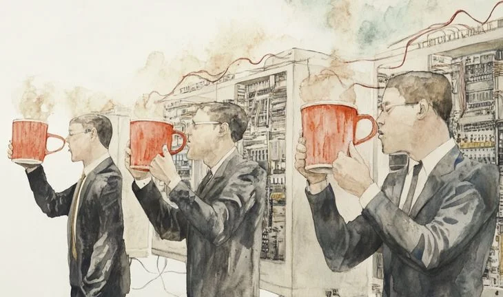 some bankers holding red coffee cups in front of old computers 