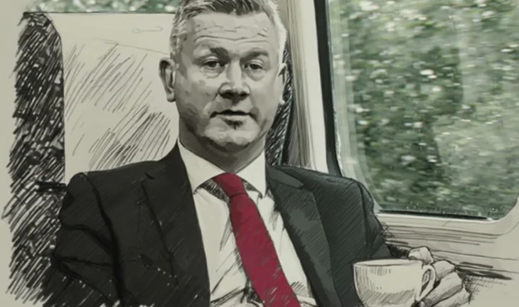 a man in a red tie on a train drinking tea