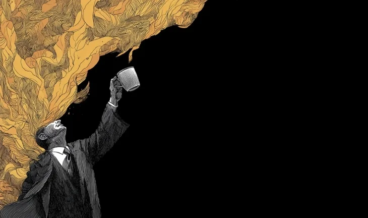 a banker holding coffee aloft into flames