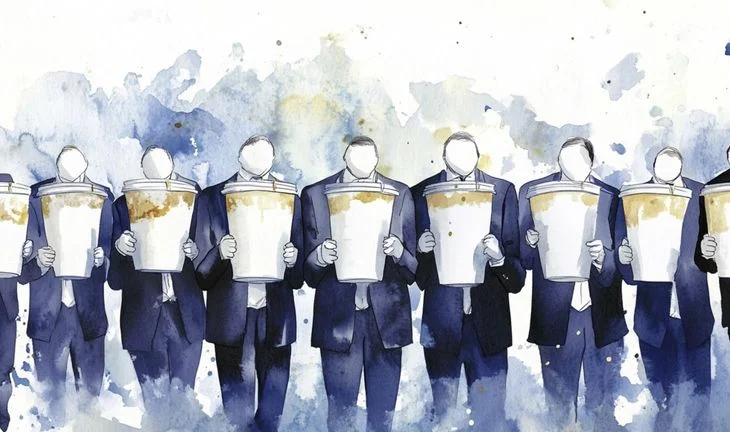 a row of faceless bankers holding coffee 
