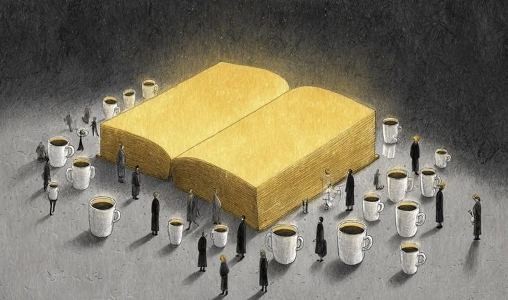 a large golden book with cups of coffee around it
