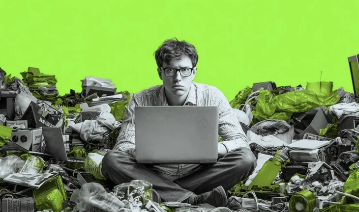 a man with a laptop under piles of rubbish 