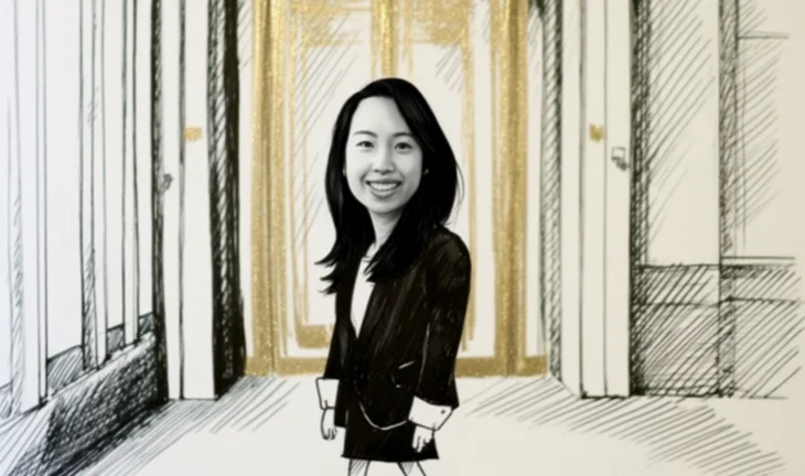 Shermaine Chia in front of a gold door 