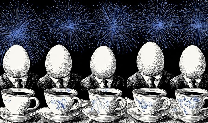 a row of people with eggs as heads 