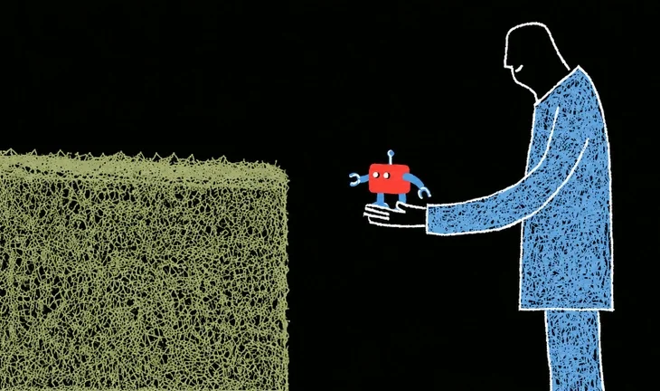 a man offering a small robot to a hedge