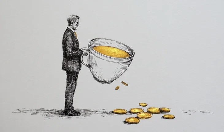 man holding large cup of coffee spills golden coins