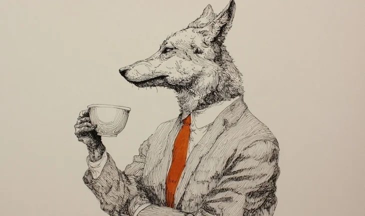 a wolf drinking coffee
