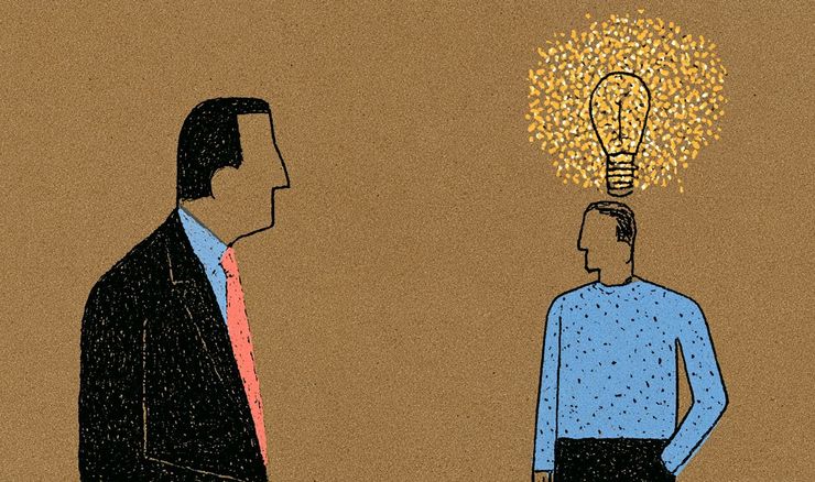 Finance professional looking at ideas guy